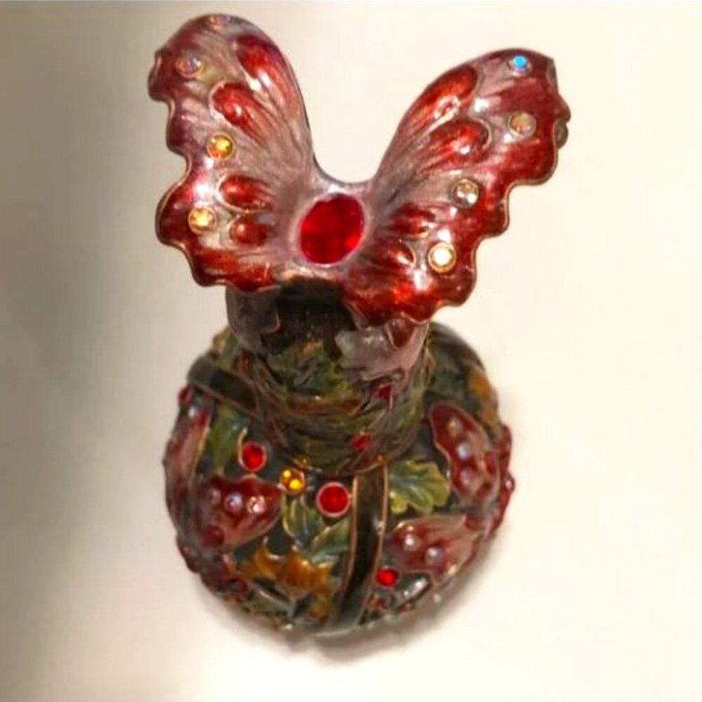 Butterfly Cloisonne Perfume Bottle in Red and Pink with a Floral Motif Design - Picture 6 of 7